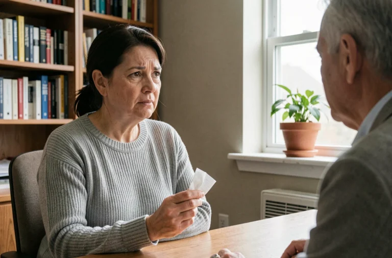 Femme en consultation chez un médecin généraliste pour des symptômes de maladie courante