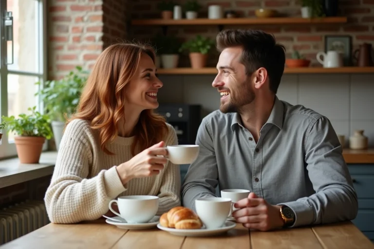 Couple dans leur appartement partageant un petit-déjeuner convivial le week-end, ambiance chaleureuse et intime