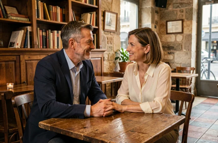 Couple élégant partageant un moment complice dans un bistro parisien chaleureux, évoquant une relation amoureuse épanouie