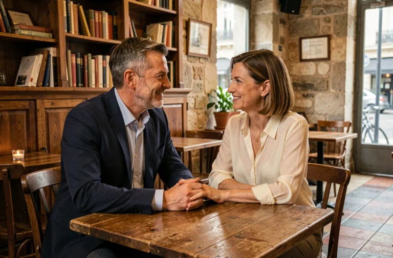 Couple élégant partageant un moment complice dans un bistro parisien chaleureux, évoquant une relation amoureuse épanouie