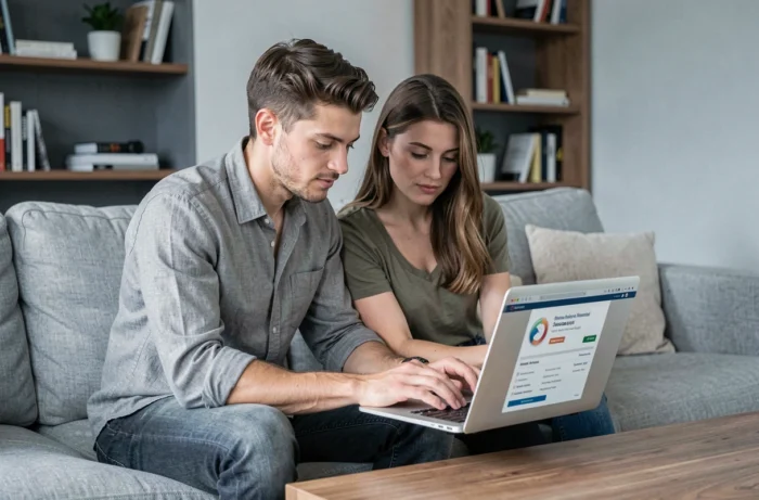 Jeune couple comparant des offres de mutuelle santé sur un ordinateur portable dans un salon moderne et épuré