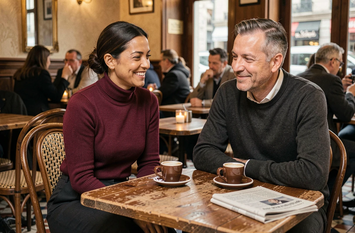 Couple discret dans un café parisien, portrait éditorial naturel