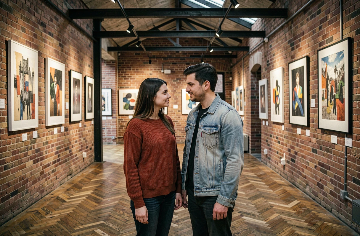 Couple de jeunes adultes discutant devant des œuvres d'art contemporain dans une galerie installée dans un entrepôt réhabilité
