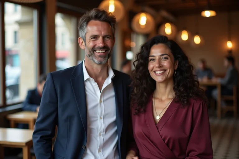 Couple souriant dans un café parisien illustrant la vie privée d'un humoriste célèbre et de sa femme