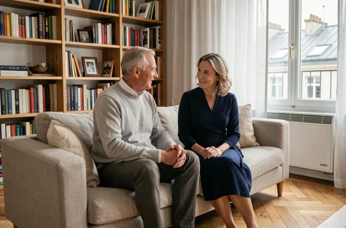 Couple complice assis dans un appartement parisien moderne, conversation détendue sur canapé contemporain avec bibliothèque en arrière-plan