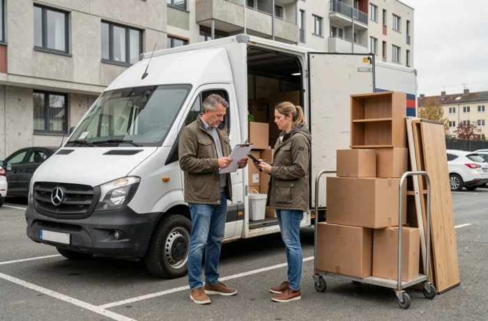 Couple vérifiant une liste d'objets à transporter devant un camion de location 15m3 lors d'un déménagement