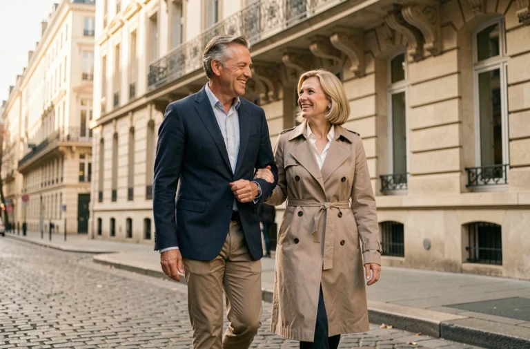 Couple élégant se promenant dans une rue parisienne, homme en blazer bleu marine et femme en trench beige, sourires complices