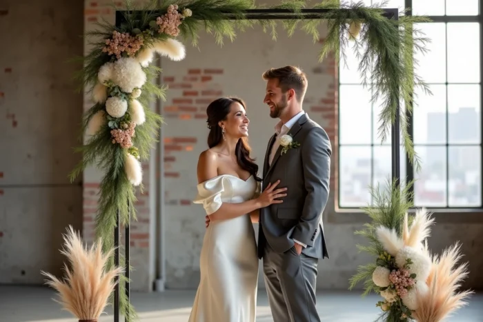 Couple de mariés riant devant une arche végétale avec herbes de la pampa et eucalyptus dans un loft industriel au style contemporain