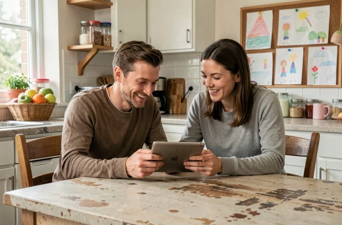 Couple de parents lisant des avis de blogs parentaux sur une tablette dans leur cuisine familiale