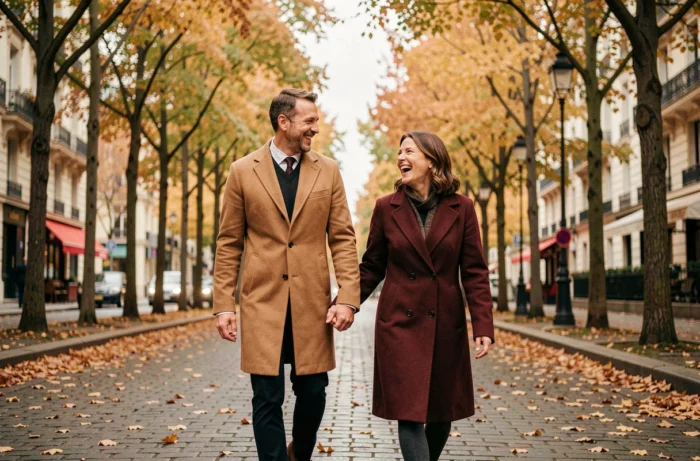 Couple complice se promenant sur un boulevard parisien en automne, riant ensemble parmi les feuilles dorées