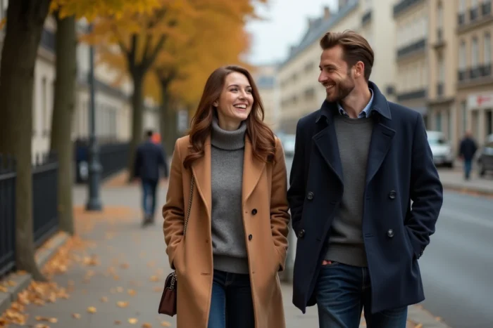 Couple se promenant bras dessus bras dessous sur un boulevard parisien en automne, riant et complices