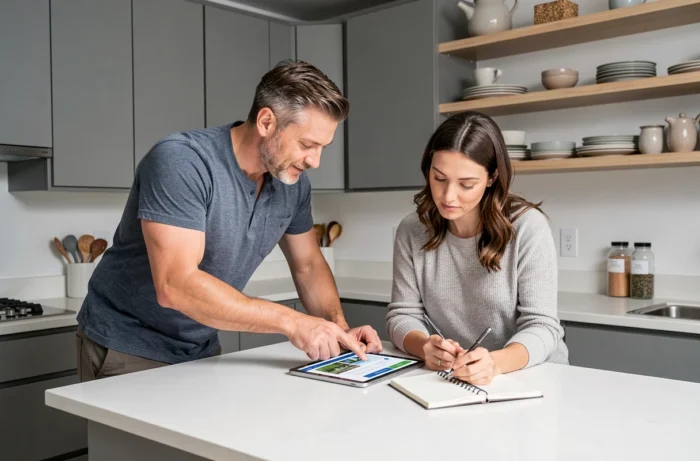 Couple consultant un site immobilier sur une tablette dans une cuisine moderne pendant leur recherche de logement