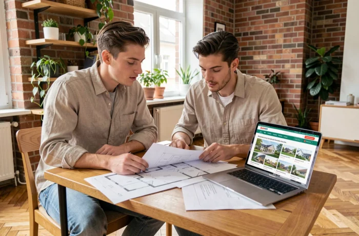Couple consultant un site immobilier sur ordinateur portable dans un appartement contemporain