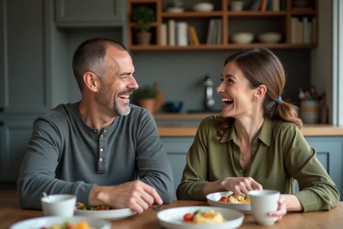 Couple complice partageant un repas dans un appartement moderne parisien évoquant la vie de famille d'un humoriste et sa femme
