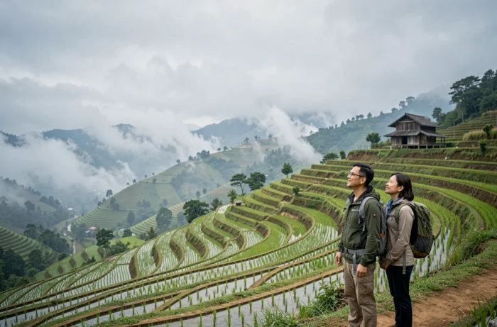 Couple de voyageurs admirant un panorama de rizières en terrasses en Asie du Sud-Est, entouré de collines brumeuses et de végétation verdoyante
