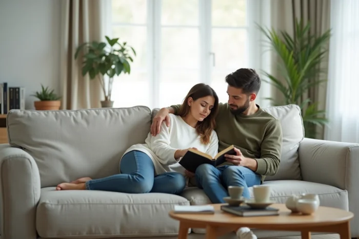 Couple détendu dans leur salon minimaliste, elle lisant un livre et lui la regardant avec tendresse