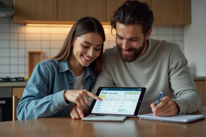 Couple consultant un tableau de bord de finances personnelles sur tablette pour suivre leur budget et leurs crédits