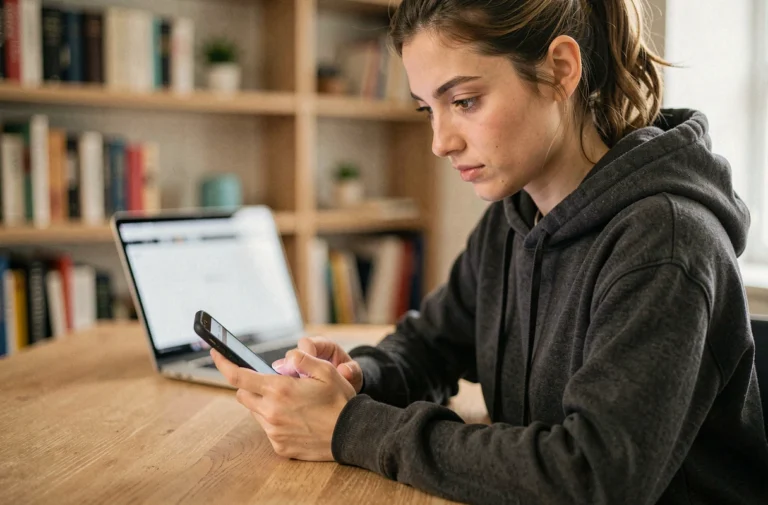 Jeune femme créant un compte Instagram privé et incognito sur son smartphone depuis son bureau à domicile