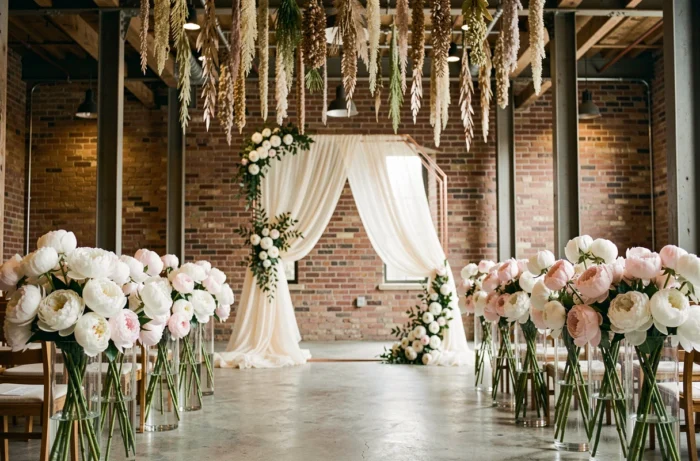 Allée de cérémonie de mariage dans un loft industriel avec arche en cuivre, pivoines blanches et guirlandes botaniques séchées suspendues aux poutres