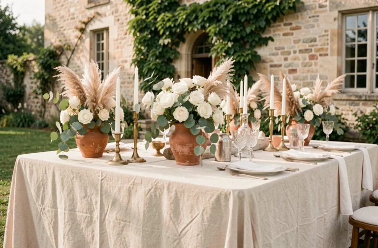 Table de réception de mariage en plein air décorée de roses blanches, de vases en céramique terracotta et de bougeoirs dorés dans un jardin de campagne française
