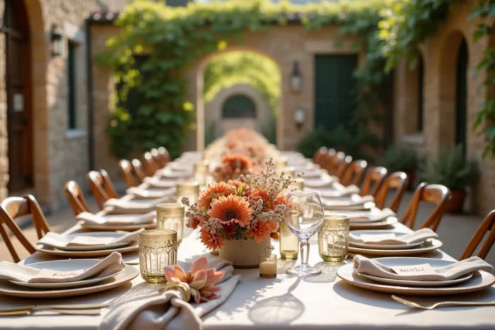 Table de mariage en plein air décorée avec des fleurs séchées, des bougeoirs en laiton et des marque-places artisanaux dans une cour en pierre de vigne