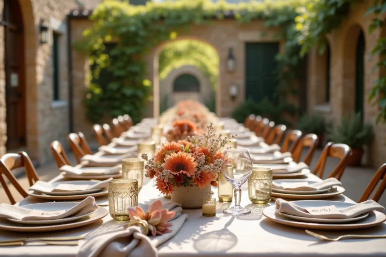 Table de mariage en plein air décorée avec des fleurs séchées, des bougeoirs en laiton et des marque-places artisanaux dans une cour en pierre de vigne