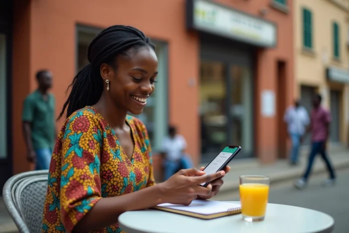 Femme souriante consultant sa demande de prêt Wave sur téléphone dans un café en plein air