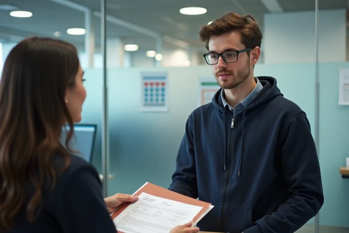 Étudiant déposant son dossier de candidature au guichet administratif de l'université Sorbonne Paris Nord