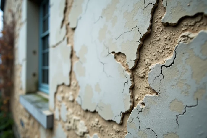 Détail de fissures, cloques et taches d'humidité sur une façade en pierre après un hiver pluvieux