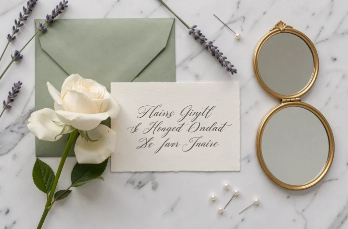 Flat lay de détails de mariage sur marbre blanc avec faire-part en calligraphie, rose ivoire, enveloppe à cachet de cire et lavande séchée pour une décoration minimaliste raffinée