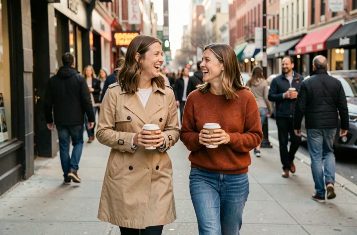 Deux femmes marchant ensemble en ville sur un trottoir animé, souriant et discutant, symbolisant les bienfaits sociaux et physiques de la marche quotidienne