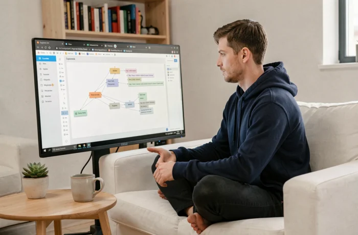 Développeur web travaillant sur l'architecture d'un sitemap sur un grand écran dans un bureau à domicile