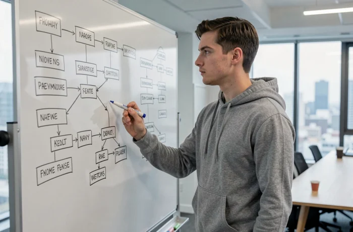 Développeur dessinant une arborescence de sitemap sur un tableau blanc dans une salle de réunion startup
