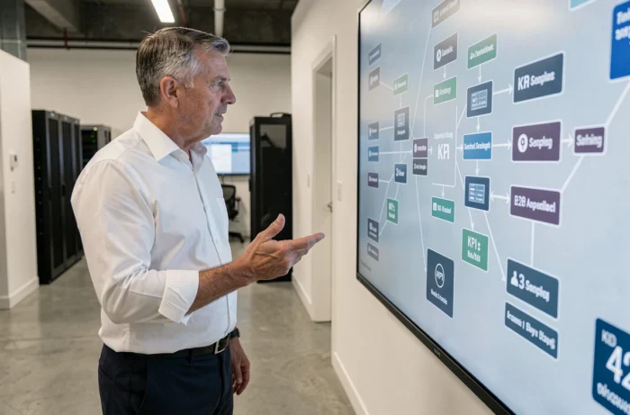 Dirigeant d'entreprise présentant une stratégie de services B2B innovants sur un écran interactif dans un lab technologique