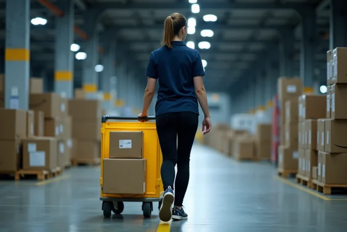 Employée Amazon poussant un chariot de colis dans un entrepôt logistique de nuit