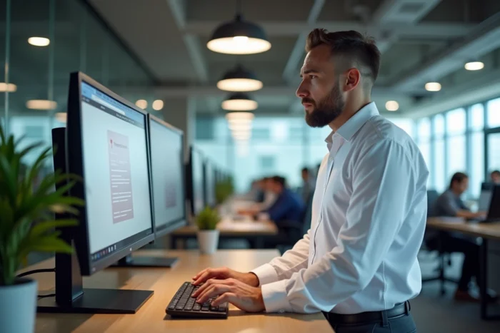 Employé de bureau consultant un message d'erreur sur un écran en tentant d'accéder à un site officiel