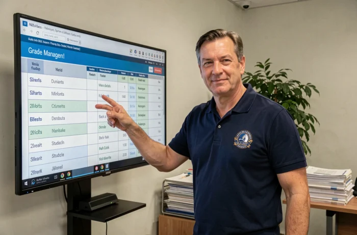 Entraîneur de judo masculin consultant un tableau de gestion des grades sur un écran tactile dans un bureau de club sportif