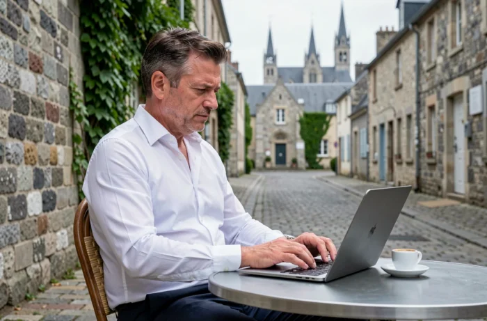 Entrepreneur travaillant sur ordinateur portable en terrasse de café dans le centre historique de Saint-Malo