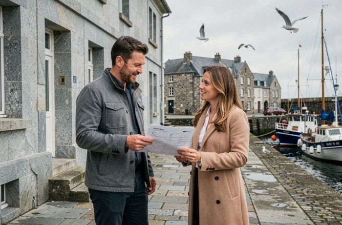 Deux entrepreneurs discutant d'un projet d'entreprise devant le port historique de Saint-Malo