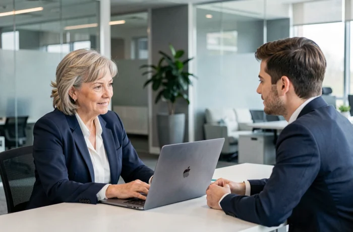 Femme senior en réunion avec un conseiller RH pour discuter de la gestion de ses congés payés à la retraite