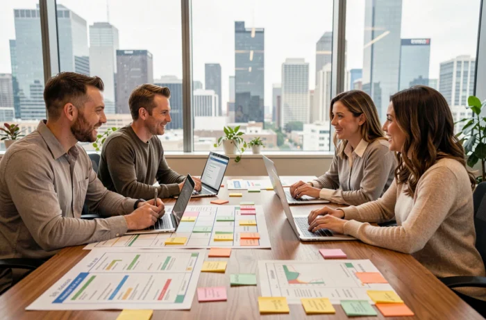 Équipe collaborative autour d'une table de réunion utilisant des outils de gestion de projet numérique type Grovop