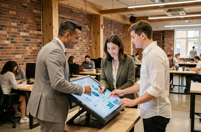 Équipe professionnelle collaborant sur une stratégie de développement d'entreprise dans un espace de coworking moderne
