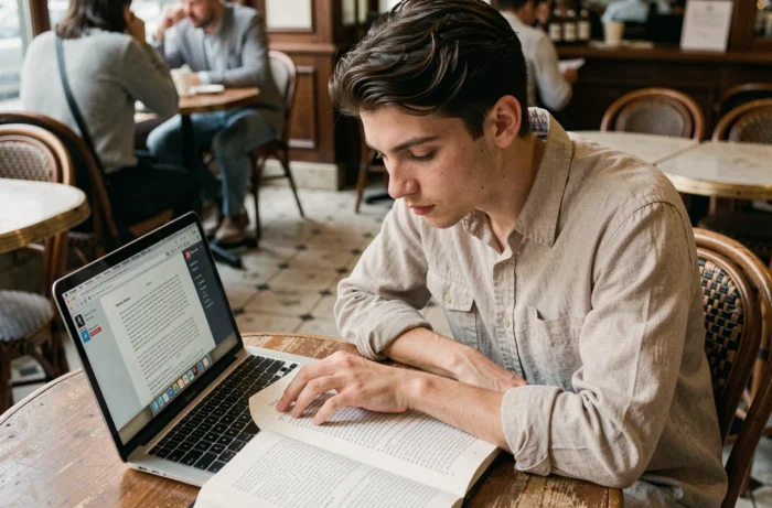 Jeune personne étudiant une règle de grammaire française dans un café parisien