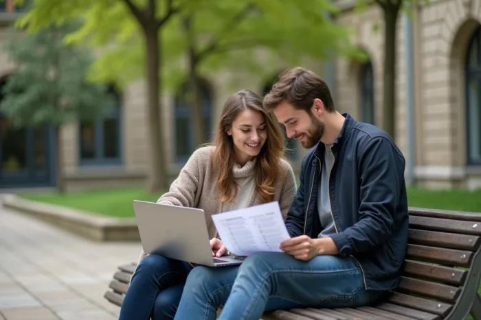 Deux étudiants révisant ensemble les étapes de candidature sur le campus de Paris 13