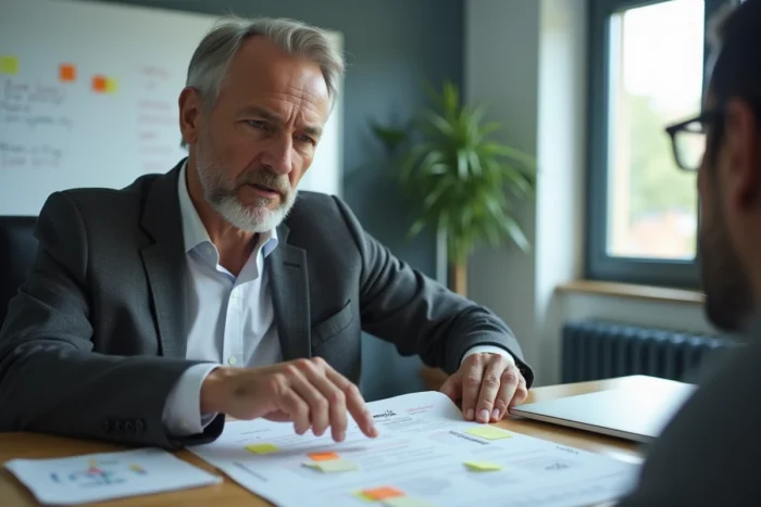 Professionnel analysant un document imprimé en réunion d'affaires, illustrant l'évaluation critique et l'analyse des avis Simon Cavallo en 2026