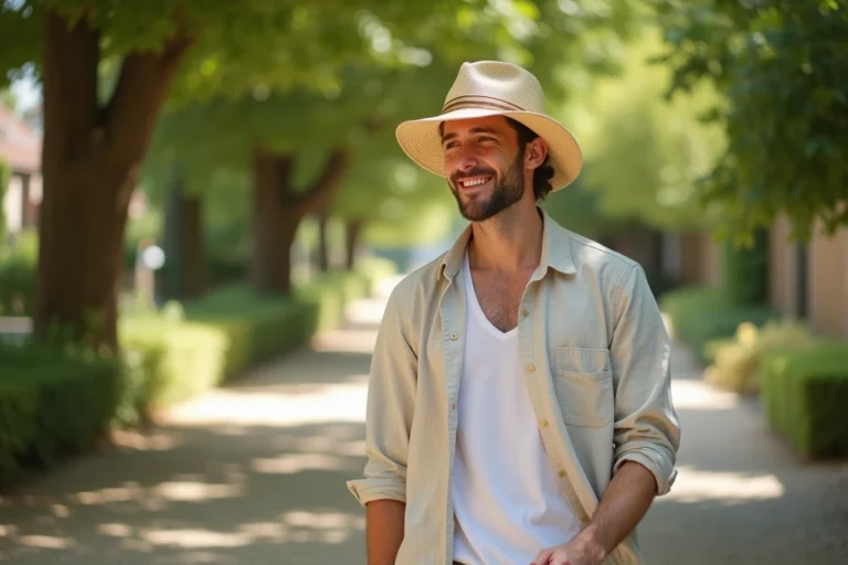 Homme portant un chapeau de paille et une chemise en lin lors d'une promenade estivale pour rester frais malgré la transpiration