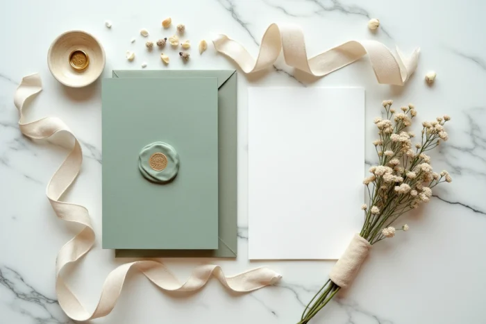 Flat-lay élégant de faire-part de mariage avec cachet de cire, rubans en lin et détails dorés sur marbre blanc pour un mariage tendance