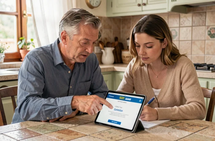 Père et fille consultant ensemble une tablette pour réaliser un transfert d'argent sécurisé via Western Union depuis la France