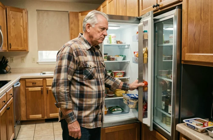 Homme de 60 ans debout devant le réfrigérateur ouvert ayant oublié ce qu'il cherchait dans la cuisine