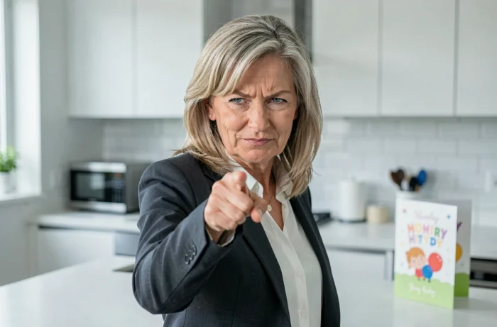 Femme de 60 ans pointant la caméra avec une expression faussement sévère et un sourire retenu dans une cuisine moderne